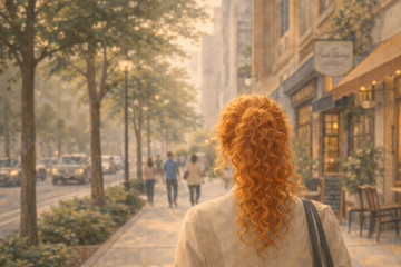 Городская улица: справа дома, на первых этажах - магазины и кафе. Слева - проезжая часть с машинами. Между ними тротуар с идущему по нему людьми и растущие деревья.