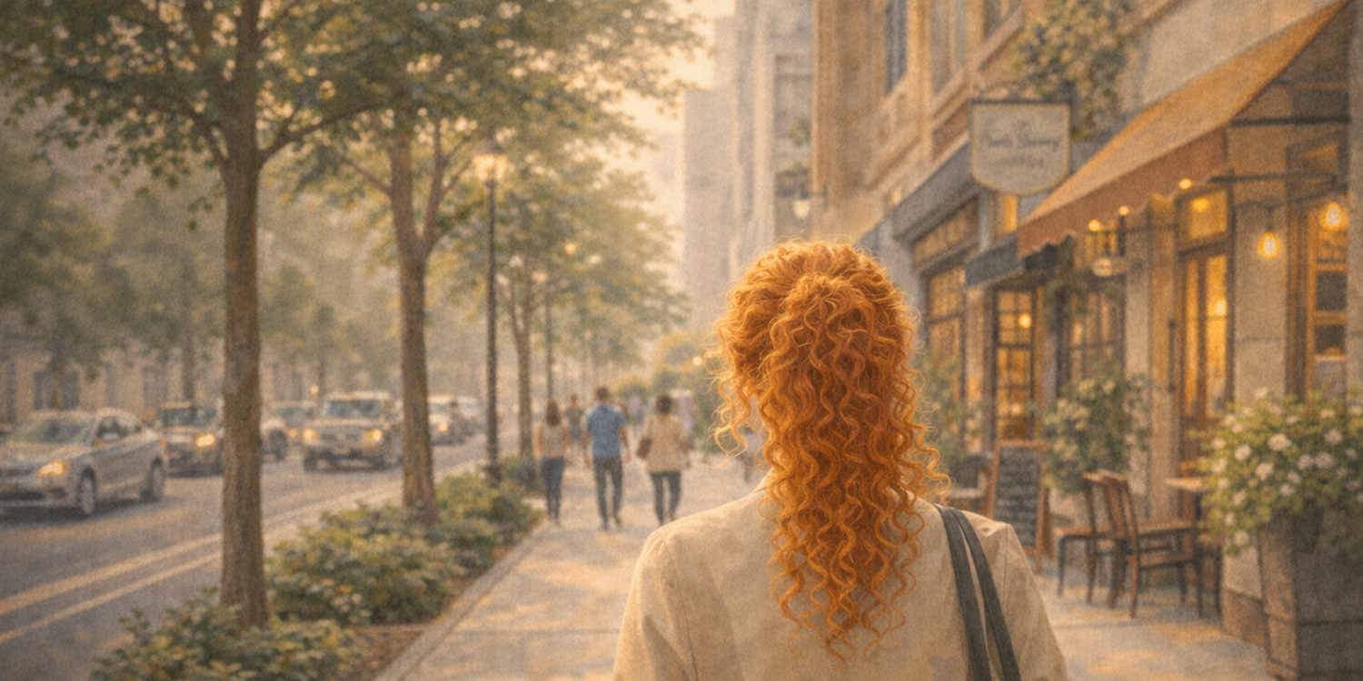 Городская улица: справа дома, на первых этажах - магазины и кафе. Слева - проезжая часть с машинами. Между ними тротуар с идущему по нему людьми и растущие деревья.