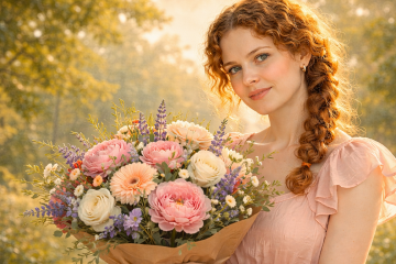 Девушка в нежно-розовом платье стоит с красивым букетом цветов в саду