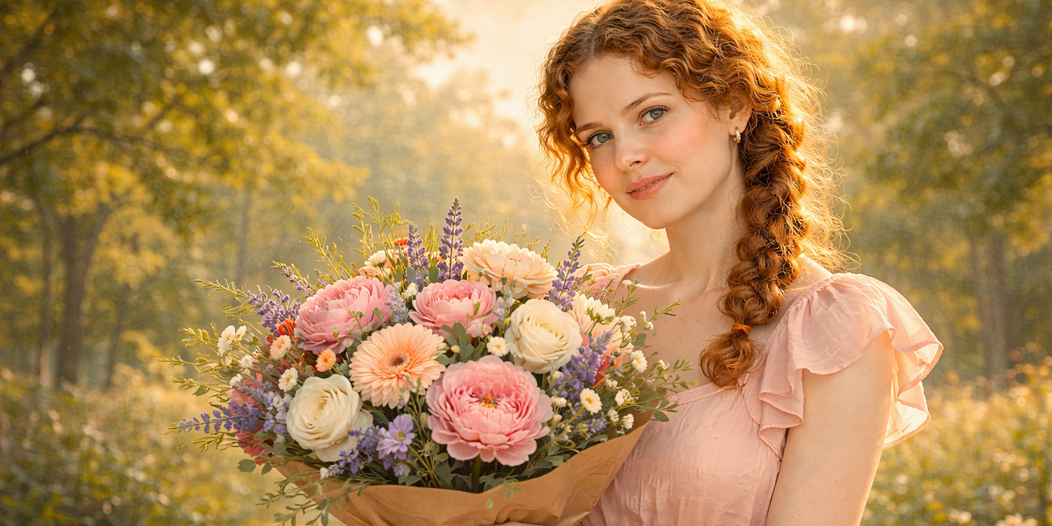 Девушка в нежно-розовом платье стоит с красивым букетом цветов в саду