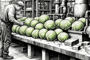 Рабочий в каске на завод делает из кочанов капусты слитки металла