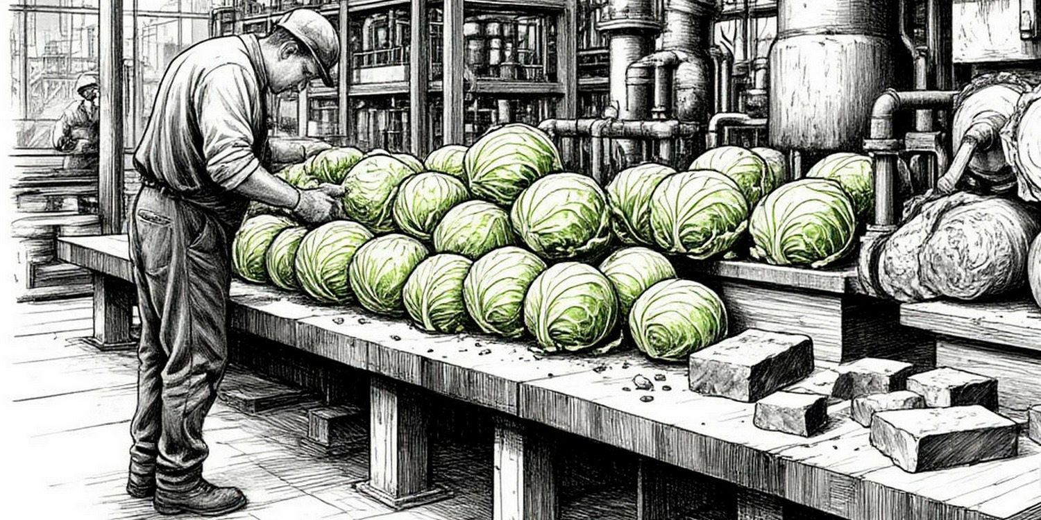 Рабочий в каске на завод делает из кочанов капусты слитки металла