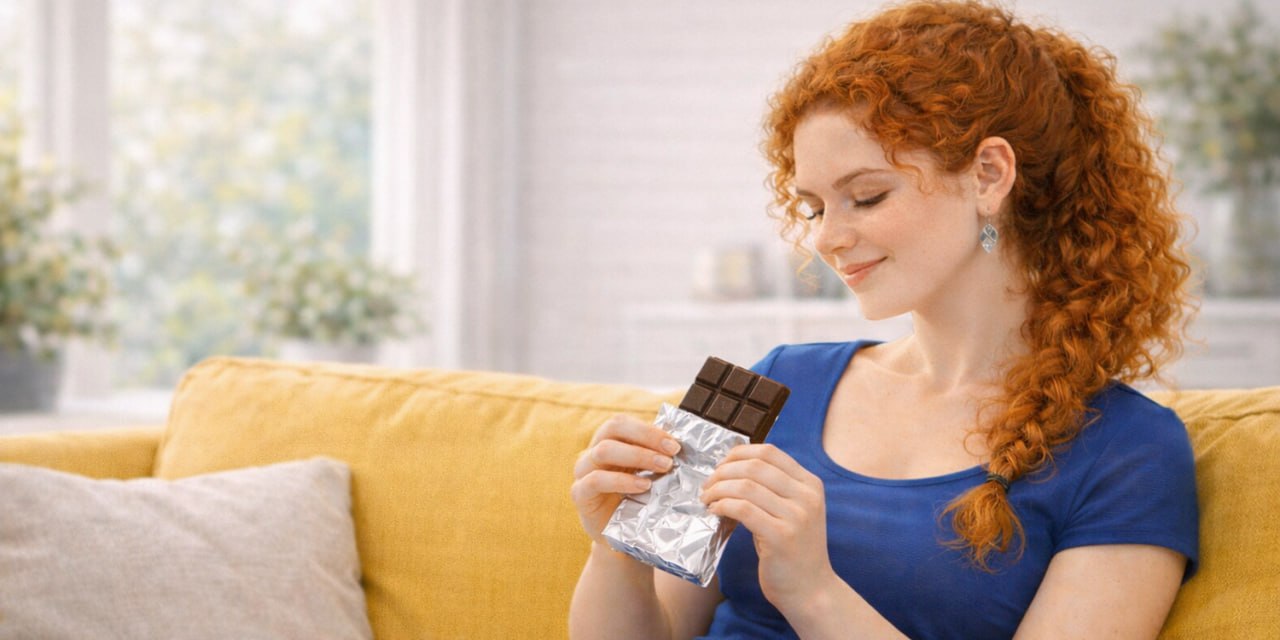 Девушка сидит на диване с развёрнутой шоколадкой в руках