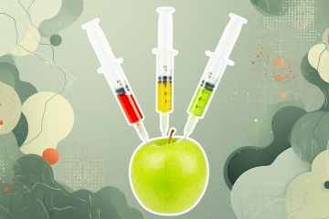 В зелёное яболко воткнуто три шприца с цветными жидкостями: красной, жёлтой и зелёной