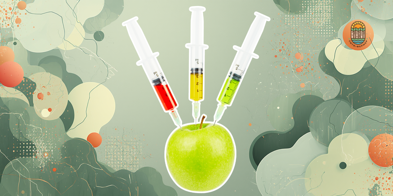 В зелёное яболко воткнуто три шприца с цветными жидкостями: красной, жёлтой и зелёной