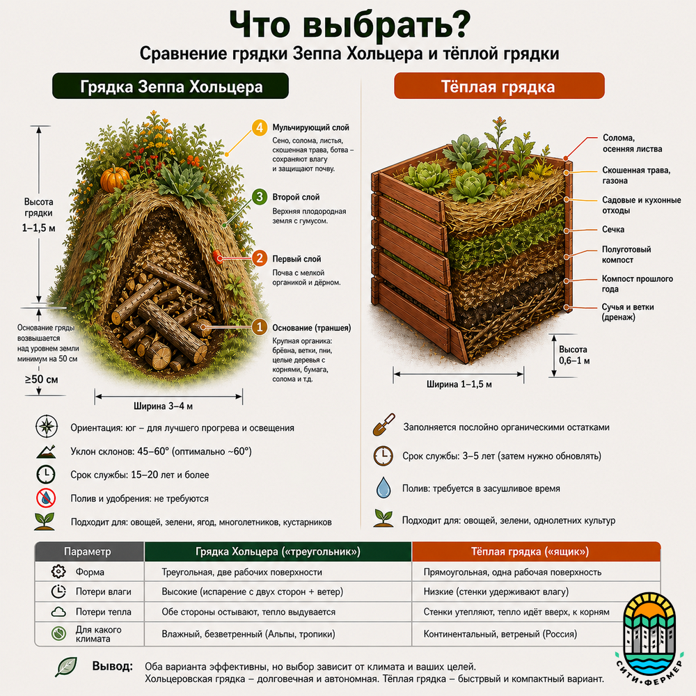 Сравнение грядки Зеппа Хольцера и тёплой грядки