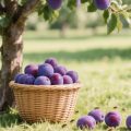 Под сливовым деревом стоит плетёная корзина с сочными спелыми сливами. Несколько плодов лежит рядом на траве