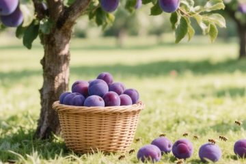 Под сливовым деревом стоит плетёная корзина с сочными спелыми сливами. Несколько плодов лежит рядом на траве