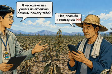 На поле стоит агроном и фермер. Агроном говорит: "Я несколько лет учился на агронома. Хочешь, помогу тебе?" а фермер смотрит в телефон и отвечает: "Нет, спасибо я пользуюсь ИИ". На заднем плане - плантация кунжута. Растения выглядят очень плохо