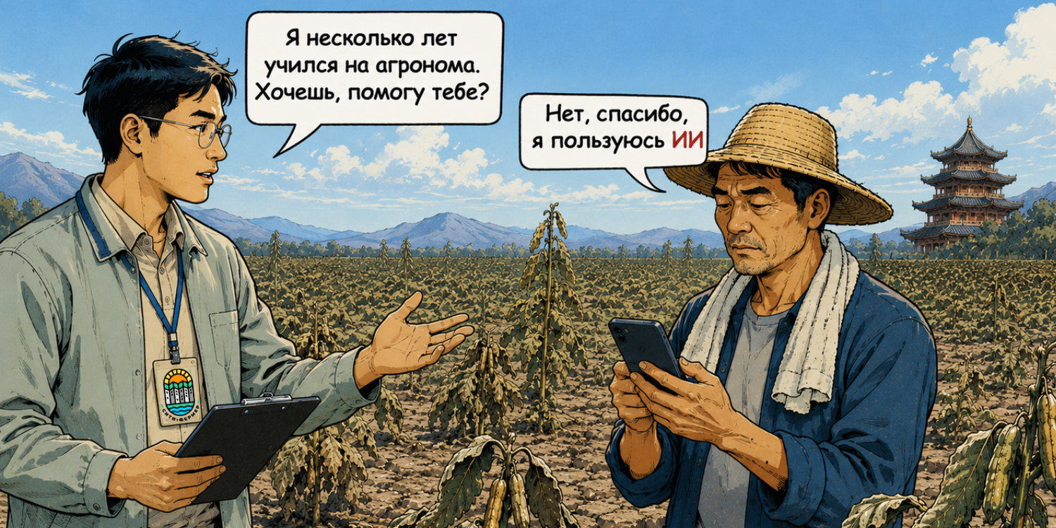 На поле стоит агроном и фермер. Агроном говорит: "Я несколько лет учился на агронома. Хочешь, помогу тебе?" а фермер смотрит в телефон и отвечает: "Нет, спасибо я пользуюсь ИИ". На заднем плане - плантация кунжута. Растения выглядят очень плохо