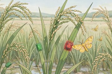 На поле растет рис. На листьях некоторых растений закреплены небольшие сенсоры в виде наклеек зелёного цвета. К одному из растений близко подлетели насекомые-вредители Огнёвка жёлтая рисовая и наклейка-сенсор на ней покраснела