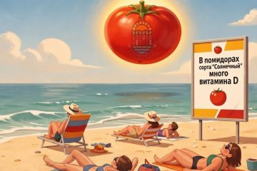 На пляже люди принимают солнечные ванны. Вместо солнца - большой красивый помидор