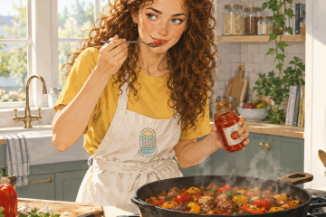 Рыжеволосая девушка в жёлтой футболке и белом фартуке тушит мясо с овощами. В руке девушка держит банку томатной пасты и ложкой пробует её