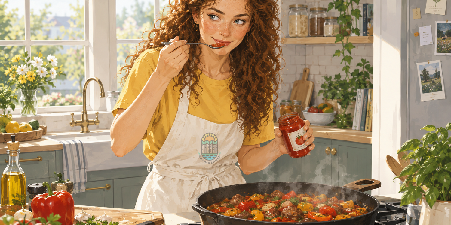 Рыжеволосая девушка в жёлтой футболке и белом фартуке тушит мясо с овощами. В руке девушка держит банку томатной пасты и ложкой пробует её