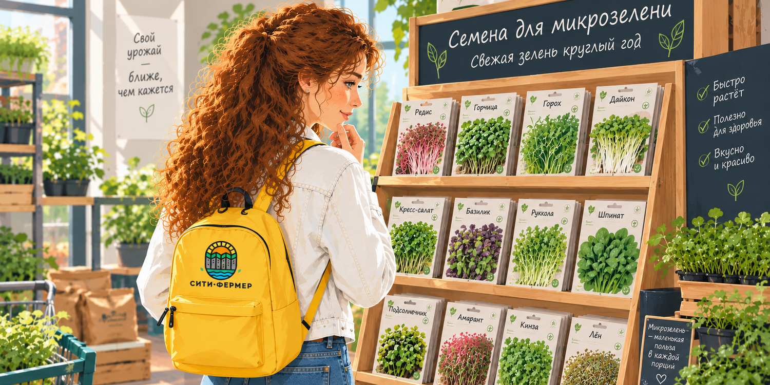 Девушка с жёлтым рюкзаком выбирает семена микрозелени в магазине